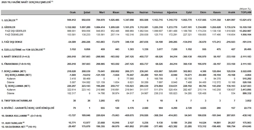 2025 Yılı Hazine Nakit Gerçekleşmeleri